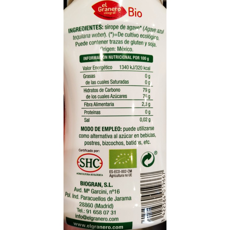 SIROPE AGAVE ECOLOGICO- 360GR- EL GRANERO INTEGRAL