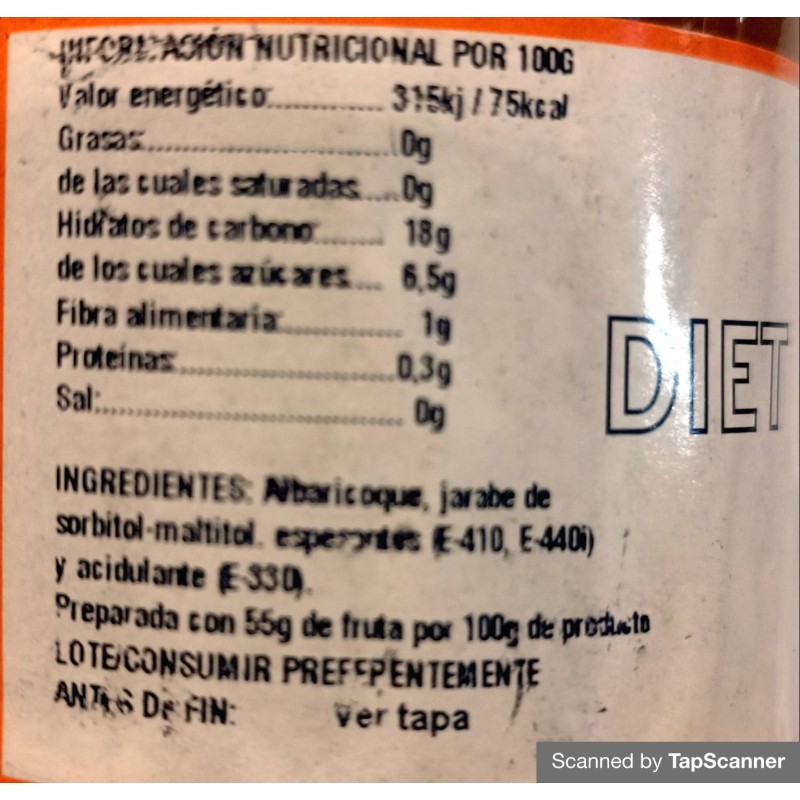 Mermelada Albaricoque Diet Sin Azucares Sin Fructosa 330g Intracma